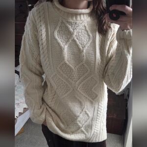 Aran Crafts Cream Merino Wool Cableknit Clover Sweater
